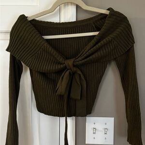 Chic Olive Off-Shoulder Sweater with Tie Detail